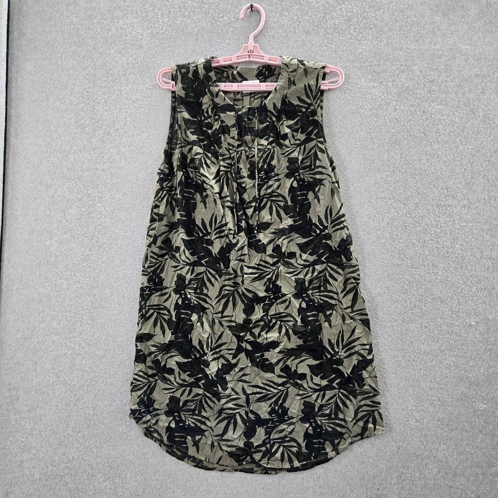 Old Navy Women Dress L Green Floral Leaf Mini Shift Sleeveless V Neck Rayon